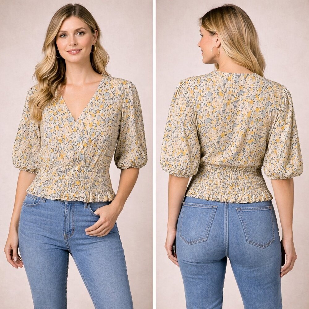Sim and Sam floral v-neck, smocked waist, cropped, elbow sleeve blouse XL